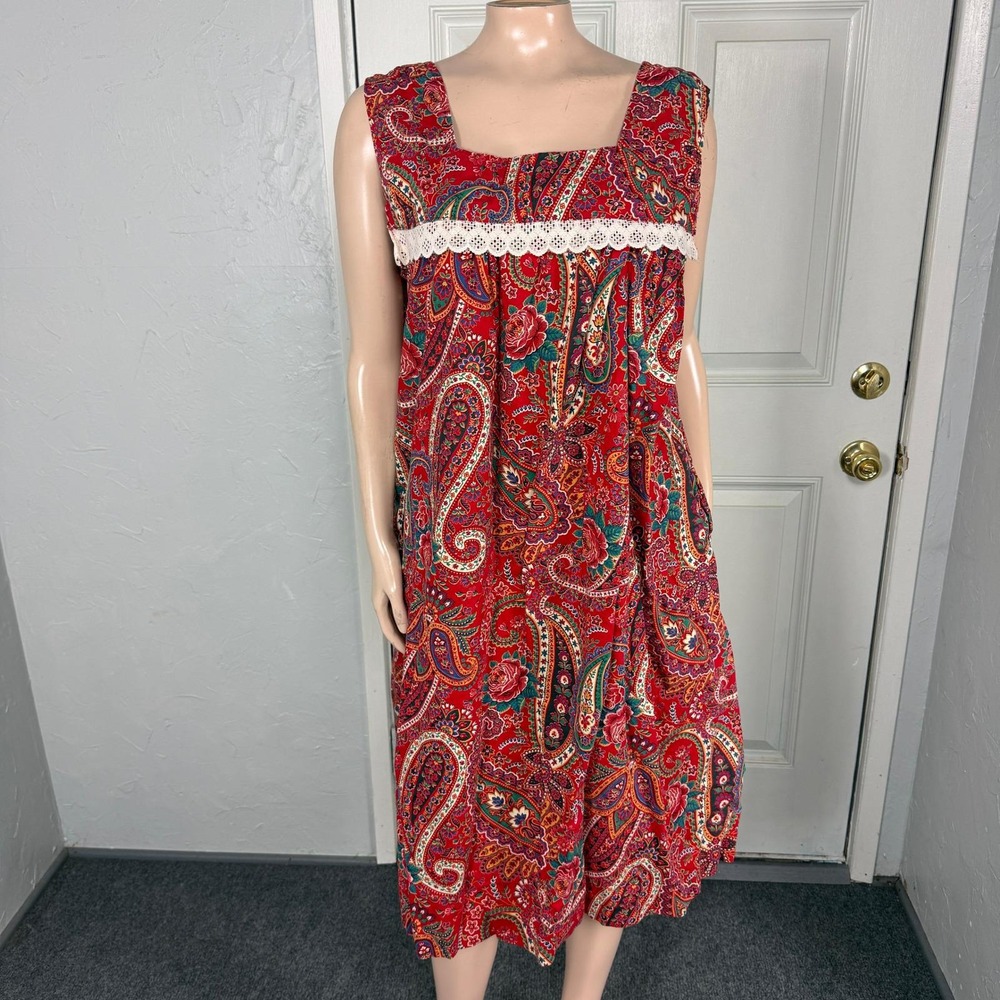 Vintage 70s Handmade Womens House Muumuu Dress Pocket Cotton Floral Paisley H3-2